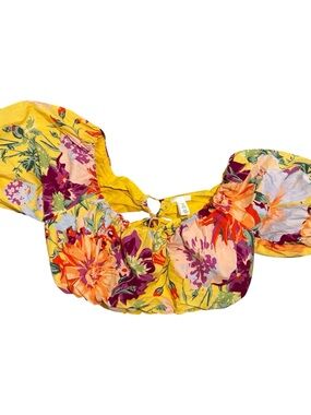 💕H&M Women’s Yellow Floral Print Boho Festival Summer Off Shoulder Crop Top | XL